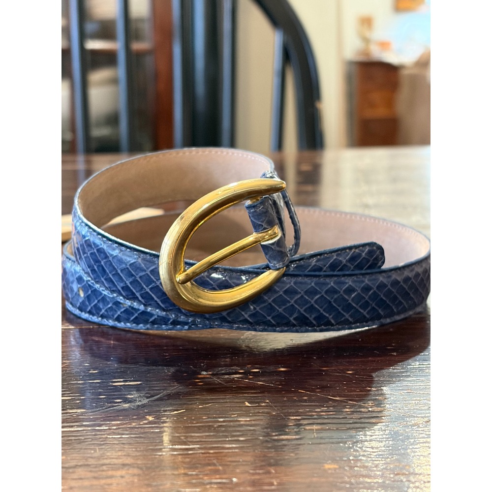 Genuine Snake Skin Belt Blue Gold Buckle Small Textured Exotic Leather Classic